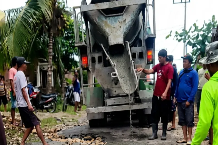 perbaikan jalan secara swadaya oleh sopir truk dan petani tebu di Blitar